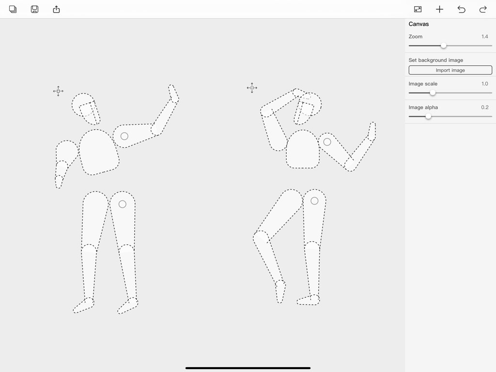 Character Draft - Due scheletri di personaggi puntiformi posabili su una tela di app di disegno per iPad con barra laterale delle impostazioni.
