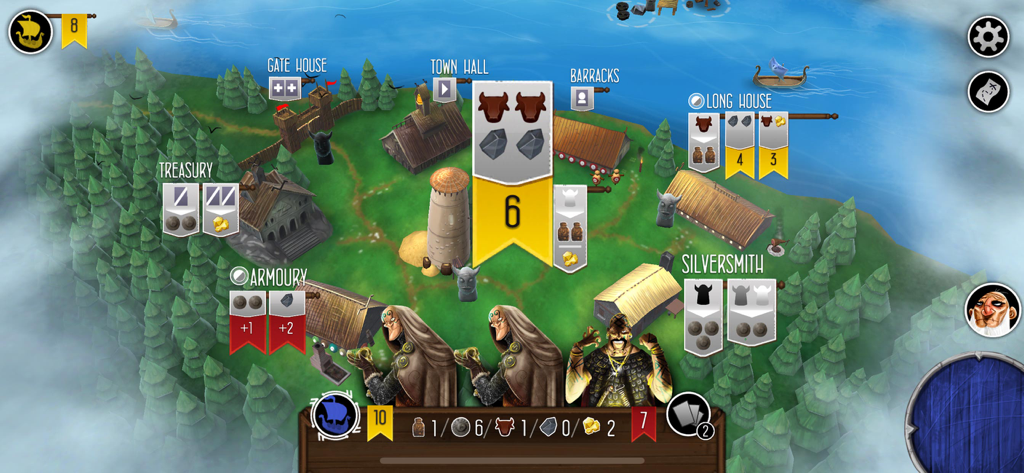 Raiders of the North Sea - Raiders of the North Seaのゲームプレイ画面。武器庫、町役場、銀細工師などのワーカープレイスメント場所がある村のマップを表示しています。