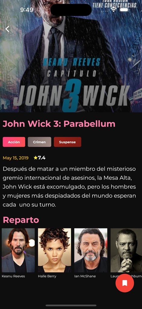 JFlix Películas - Movie details screen for John Wick 3 in the JFlix Peliculas app showing the cast and synopsis in Spanish