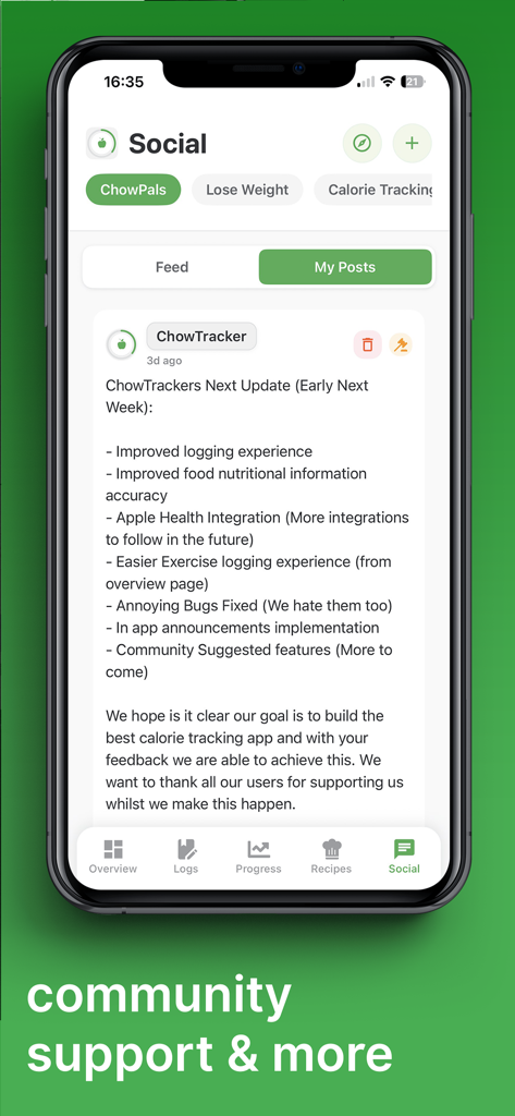 Pantalla social de la aplicación ChowTracker que muestra actualizaciones de la comunidad y temas de discusión para la pérdida de peso y el seguimiento de calorías