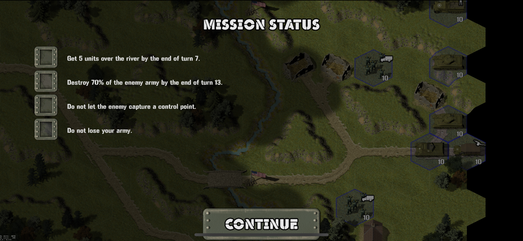 Tank Battle: 1944 - Bildschirm mit Missionsstatus, der taktische Ziele auf einer Hexfeldkarte in Tank Battle 1944 zeigt