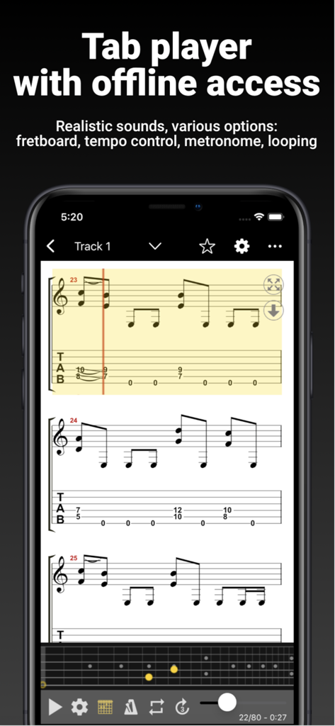 GuitarTab - Tabs & chords Pro - GuitarTab app interface displaying musical notation and guitar tabs with practice features like a virtual fretboard and metronome.
