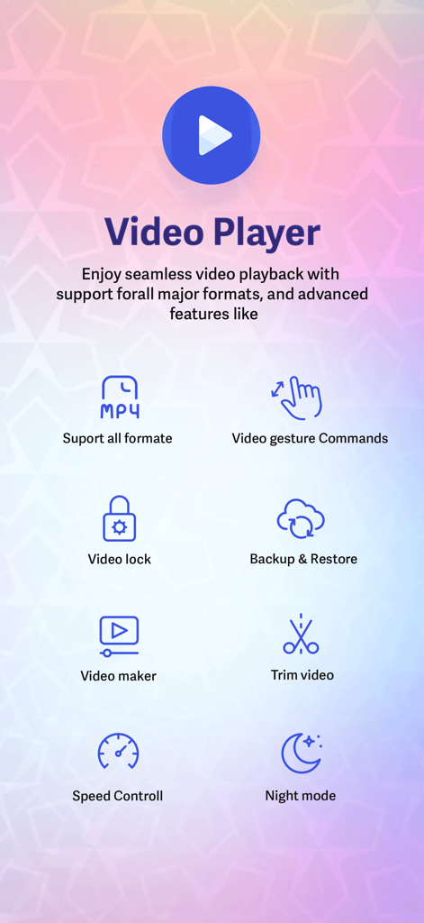 A list of MX Video Player features including all format support gesture commands video lock and speed control
