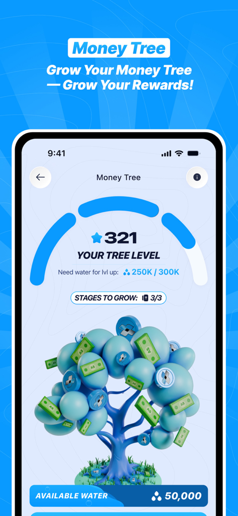 LMCT+ app Money Tree interface showing gamified rewards progress and tree level status.