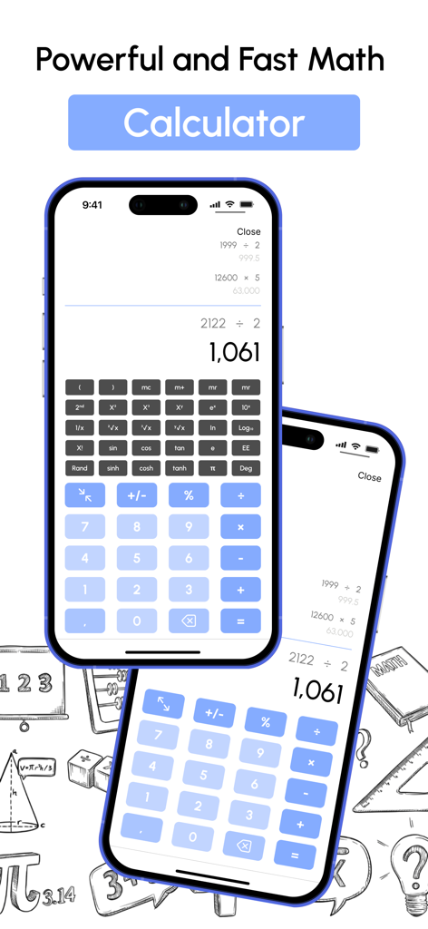 Math Homework Helper: AI Chat - Scientific calculator interface on an iPhone showing mathematical calculations and functions.