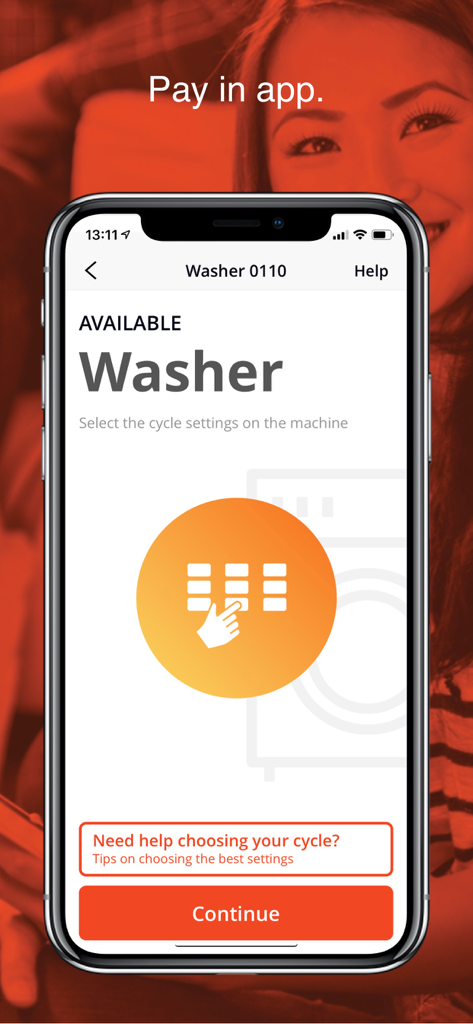 Speed Queen - Application Speed Queen affichant une machine à laver disponible et les options de sélection de cycle.
