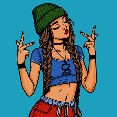 realistic teenage girl with braids and a beanie and crop top doing 🫶🏼