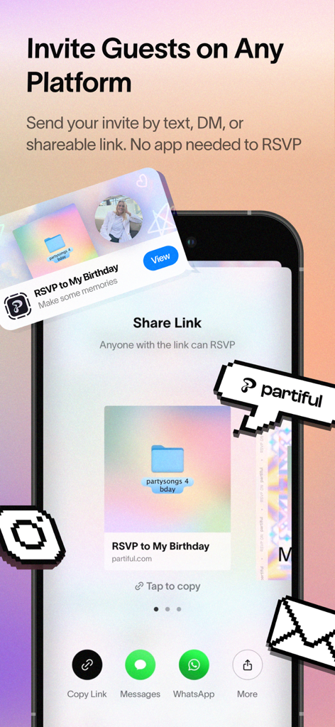Partiful App-Oberfläche, die Optionen zum Teilen eines Event-Einladungslinks über Text- oder Messaging-Apps zeigt