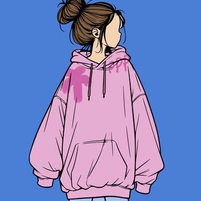 realistic girl with a oversized sweatshirt on and a bun