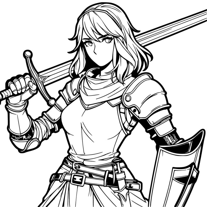 realistic female knight with helmet off and sword in hand