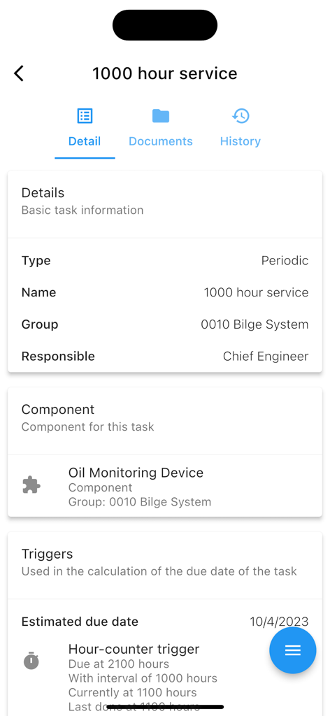 IDEA YACHT - IDEA YACHT app showing maintenance task details for a 1000 hour service on a bilge system oil monitoring device