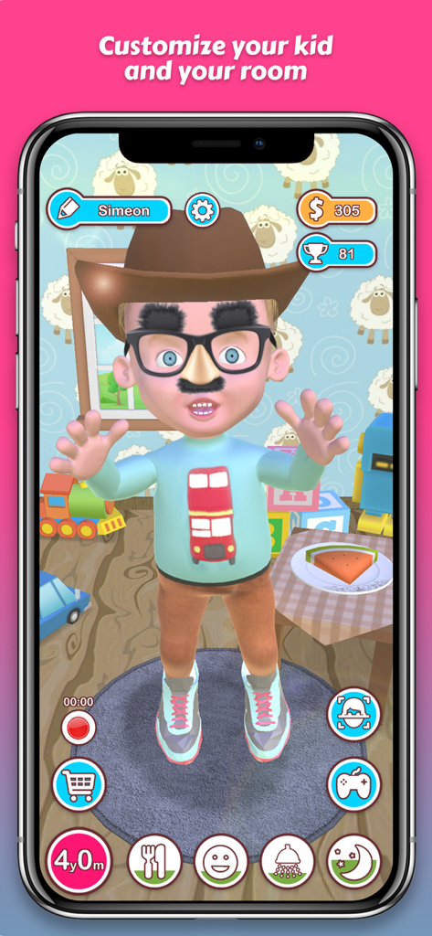 My Growing Baby (Virtual Baby) - Un personaje infantil personalizado en el juego de simulación Mi Bebé en Crecimiento que muestra la decoración de la habitación y los atuendos del personaje.