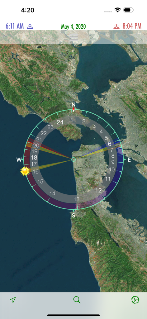 SunCalc.net - SunCalc mobile app interface showing sun path and timing information on a satellite map