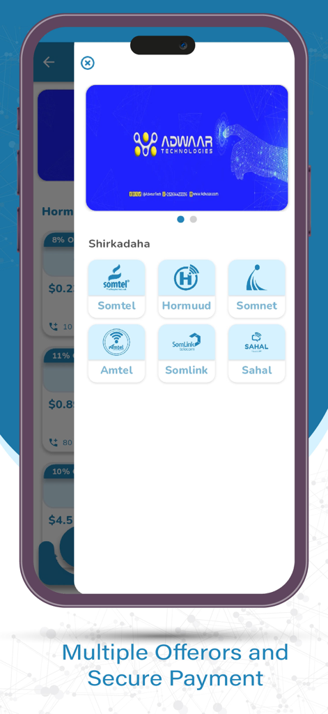 Socdaal Data - Socdaal Data app interface showing a list of Somali telecom providers including Somtel and Hormuud for data recharge