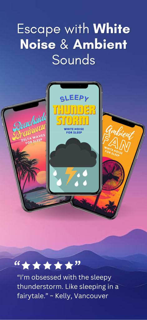 WikiSleep: Bedtime Stories - WikiSleep app screenshot featuring white noise and ambient sound options like Sleepy Thunderstorm and Ambient Fan alongside a user review