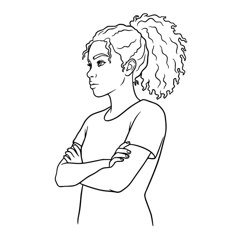 girl with tight curls in a ponytail crossing her arms not shower her legs