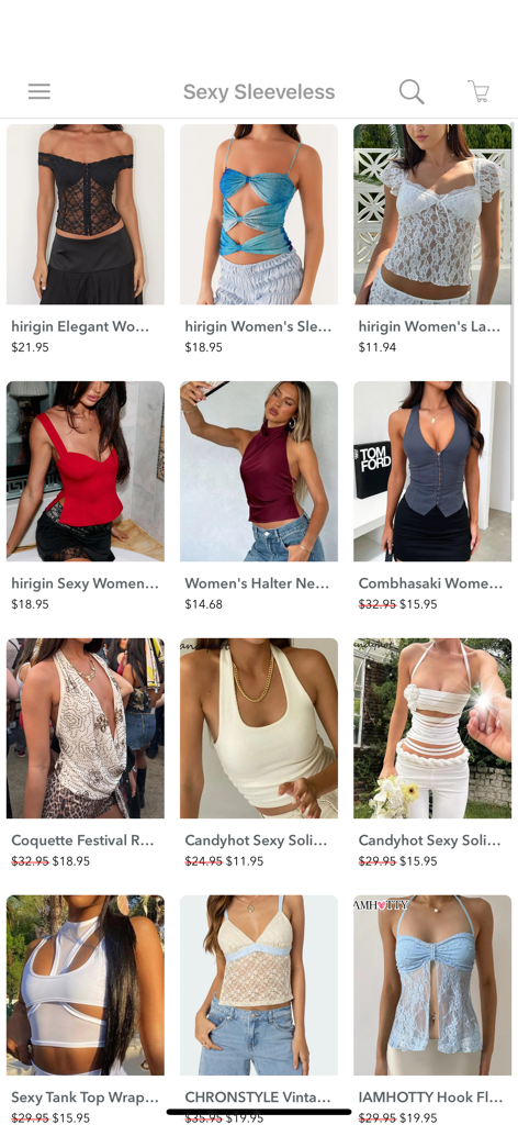 Top Fashion Clothing Shopping - Ein mobiler Shopping-App-Bildschirm, der ein Raster mit verschiedenen trendigen ärmellosen Damenoberteilen mit Preisen anzeigt.