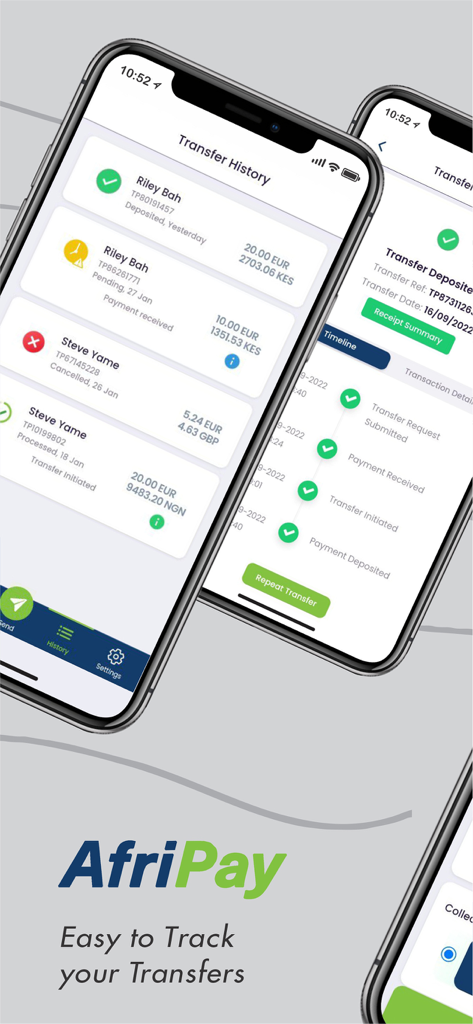 AfriPay mobile app interface showing transfer history and transaction tracking status