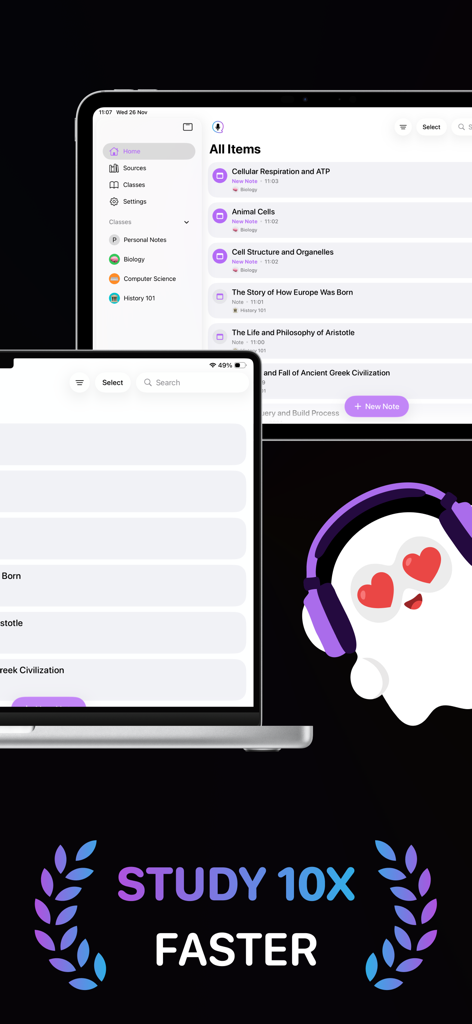 Interface of TLDL AI lecture note taker app on iPad displaying organized study materials and notes list