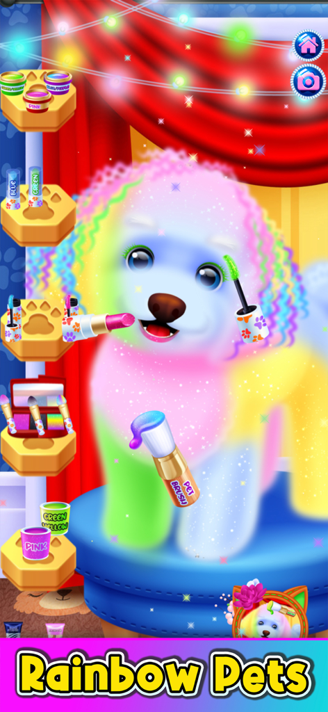 A white puppy poodle being given a colorful rainbow makeover and makeup in a virtual pet salon game.
