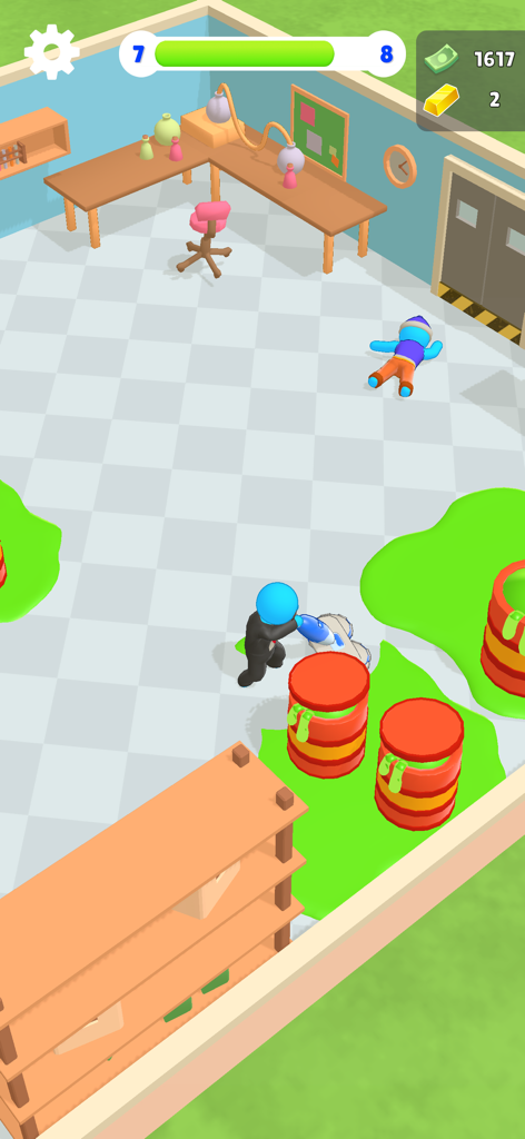 Cleaning up green spills and evidence in a laboratory crime scene.