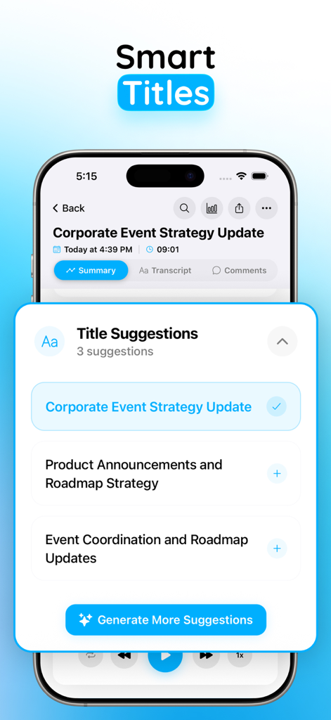 Voice Notes‎ - Voice Notes app interface showing AI-powered smart title suggestions for an audio recording.