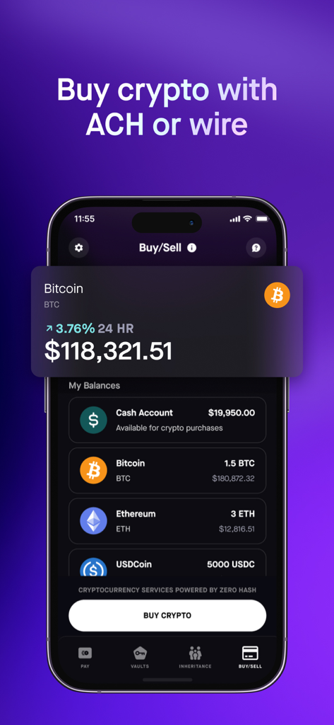 Casa: Bitcoin & Crypto Wallet - Casa app interface showing cryptocurrency balances and options to buy bitcoin via ACH or wire transfer