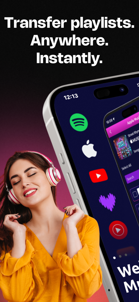 MusConv: Playlist Transfer - Una mujer con auriculares junto a un iPhone mostrando iconos de servicios de streaming de música para la transferencia de playlists