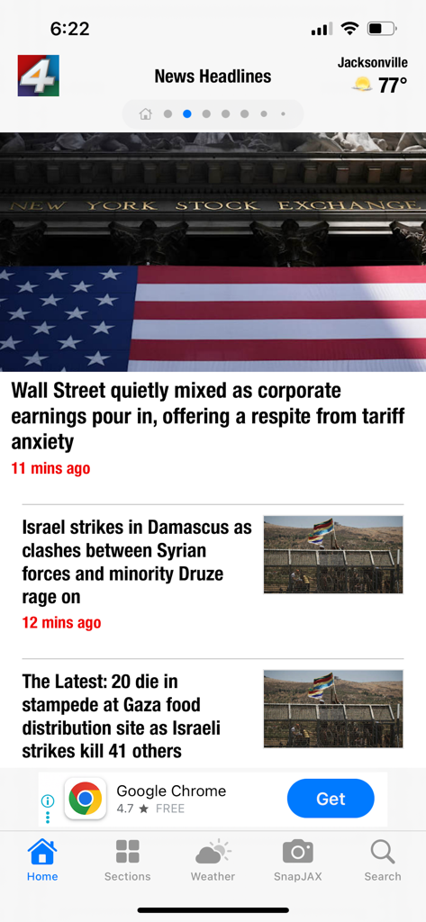 News4Jax mobile app interface displaying local Jacksonville weather and current news headlines.