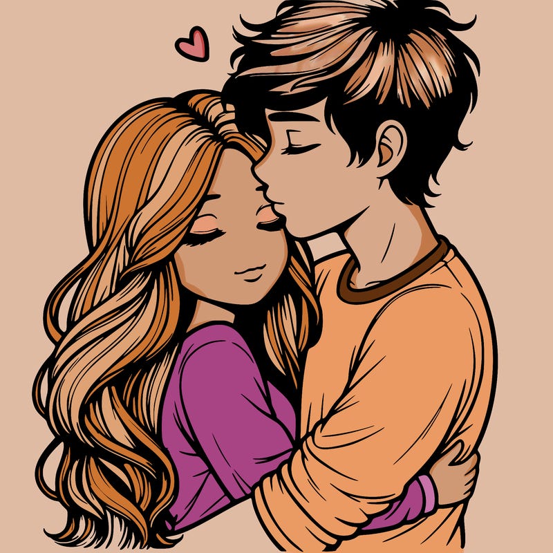 a realistic couple boy and girl hugging and kissing