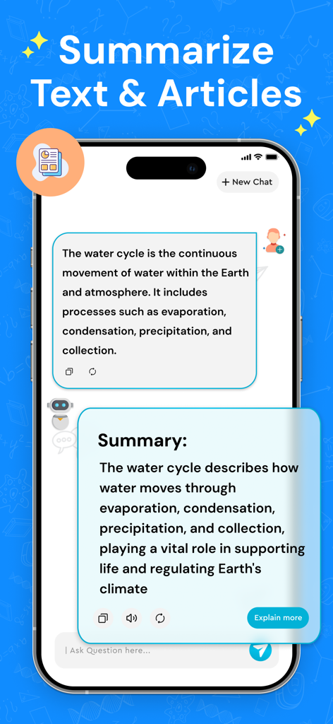 AI Math Solver: Do My Homework - 물 순환에 대한 단락을 요약하는 AI 수학 문제 풀이 앱을 보여주는 스마트폰 화면