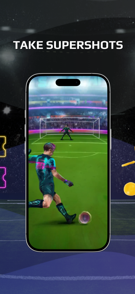 Satoshi's Goal - Satoshi Goal mobile game showing a soccer player taking a supershot
