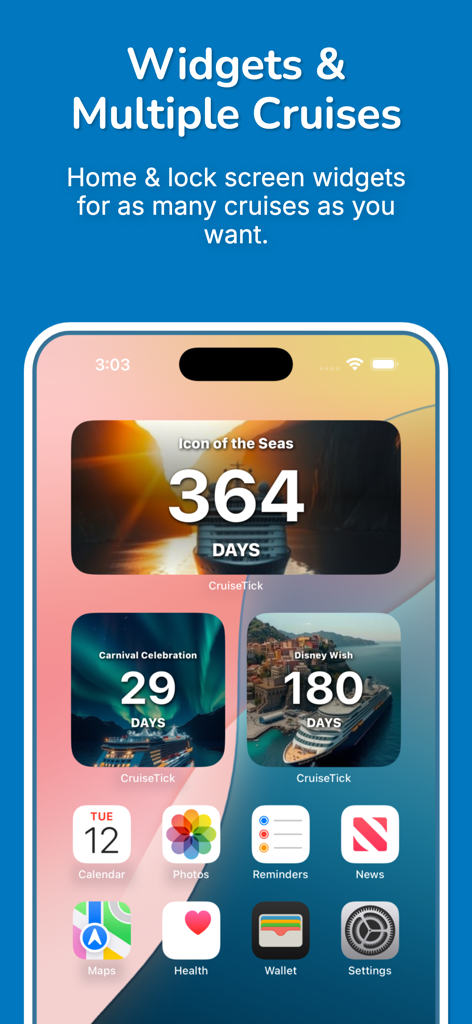 CruiseTick Cruise Countdown - Pantalla de inicio del iPhone con múltiples widgets de cuenta regresiva de cruceros de la aplicación CruiseTick