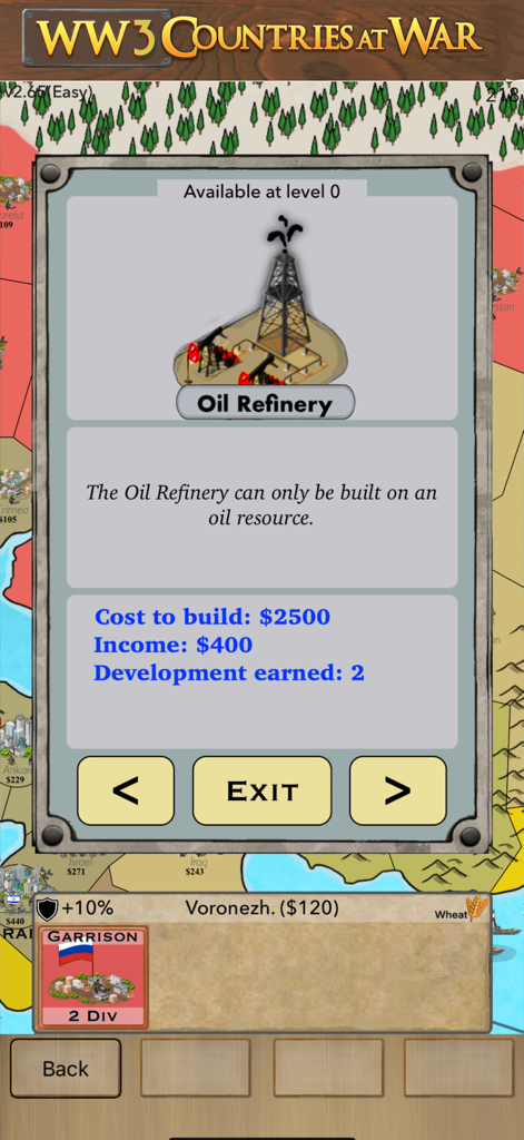 WW3 Countries at War - A gameplay screen from WW3 Countries at War showing the construction stats and resource management interface for an oil refinery.