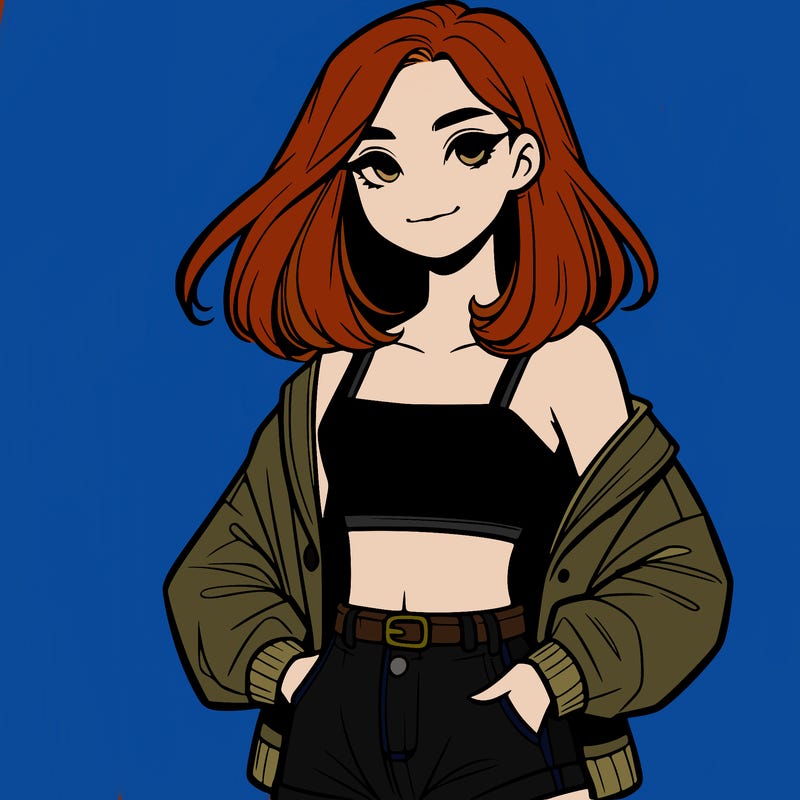 a realistic girl with a crop top and short shorts in an open jacket
