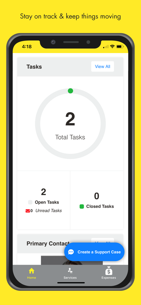 Weichert Go - Employee - Dashboard di monitoraggio delle attività nell'app di ricollocazione Weichert Go che mostra attività aperte e chiuse.