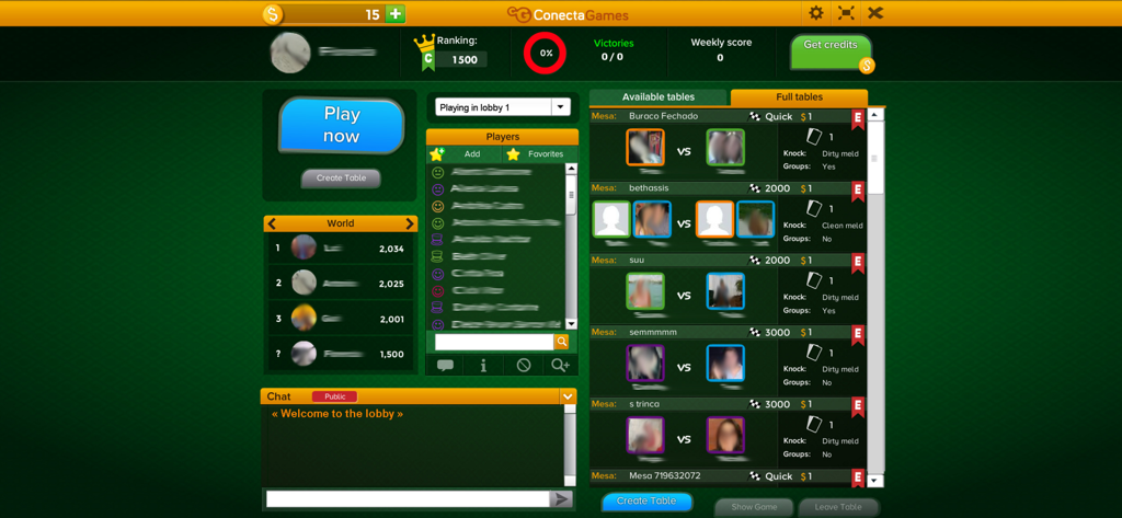Buraco Fechado - Multiplayer game lobby for Buraco Fechado featuring available tables and player rankings