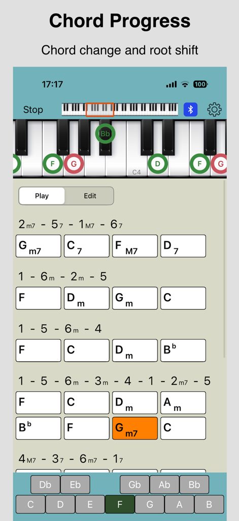 Chords Pad - Chords Pad app interface showing chord progression lists and a virtual piano keyboard with visual finger placements.