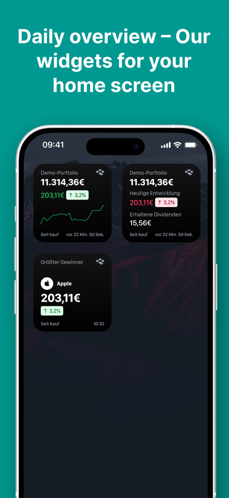 Parqet - Portfolio Tracker - iPhone-Startbildschirm mit Parqet Portfolio-Tracking-Widgets, die Anlageperformance und Dividenden-Daten anzeigen