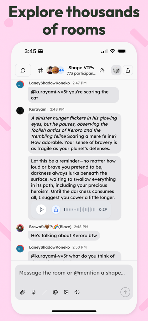 shapes inc: groupchats with ai - Una interfaz de aplicación móvil que muestra un chat grupal con usuarios humanos y un personaje de IA en una conversación de rol.