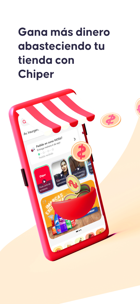 A smartphone showing the Chiper app interface with a miniature store awning on top and floating coins, promoting inventory management for small businesses.