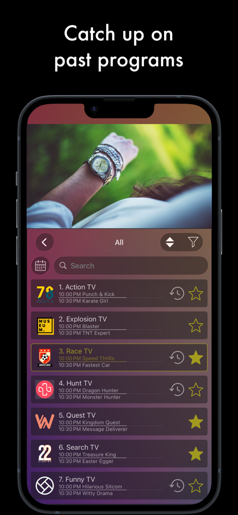 iSTB app interface showing the catch up on past programs feature with a list of TV channels on an iPhone