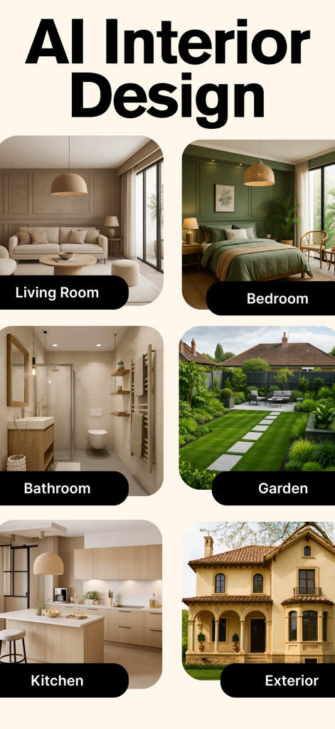 AI interior design app showing various room styles for living room bedroom kitchen and garden