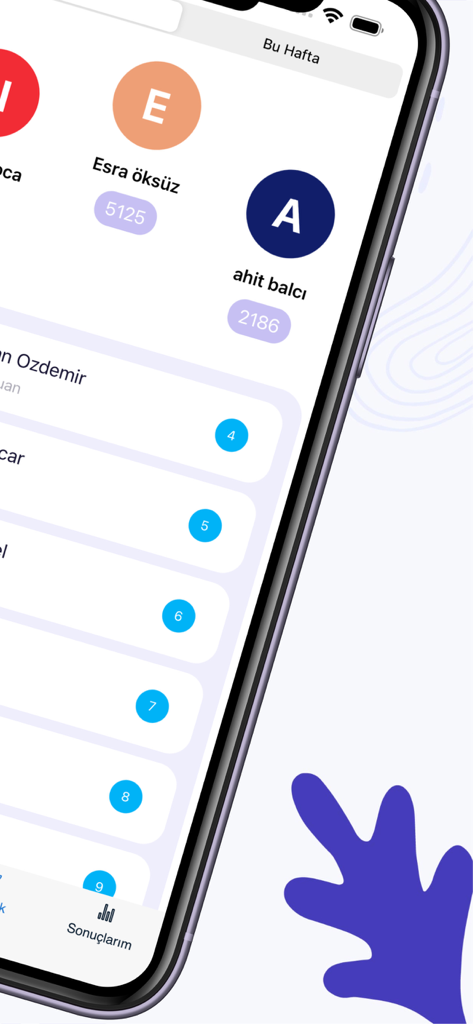Weekly leaderboard showing student scores and rankings in the Ehliyethane driver license exam app