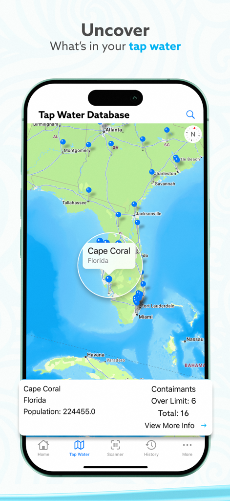 H20Score - Water Rankings - H2OScore app map interface showing tap water contaminant data for Cape Coral Florida