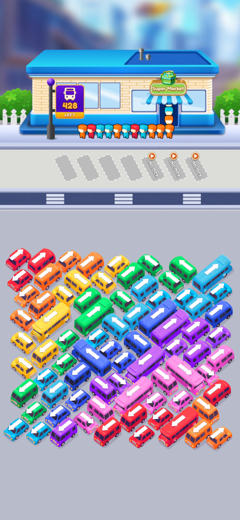 Car Escape: Traffic Jam Puzzle - Una vista cenital de un colorido acertijo de atasco de tráfico que muestra varios coches y pasajeros de colores esperando frente a un supermercado