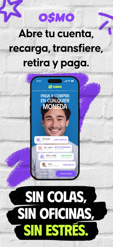 Osmo Money - Osmo Money mobile app interface showing multi-currency payment history and a promotional slogan on a white brick background