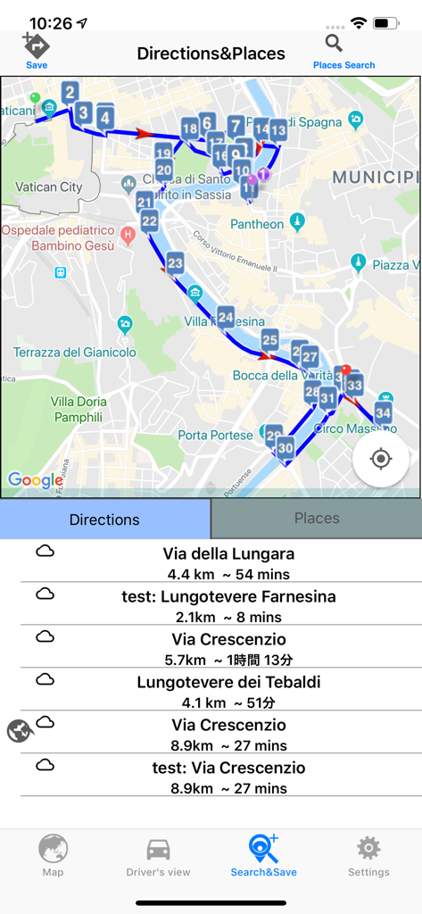 Interface of the Drive around the World app showing a detailed map of Rome with a plotted route and a list of saved directions with distances and travel times.
