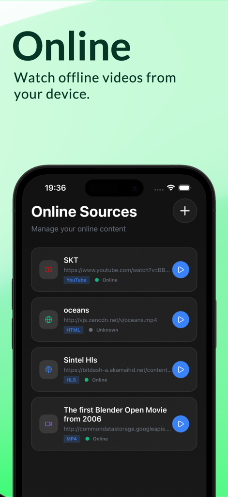 KofuPlayer app interface showing a list of online video sources in dark mode on an iPhone
