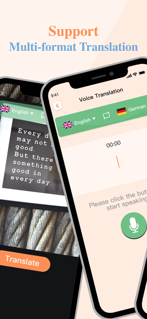 Siko Translator-Multilingual - Aplicación Siko Translator mostrando pantallas de traducción de voz e imagen